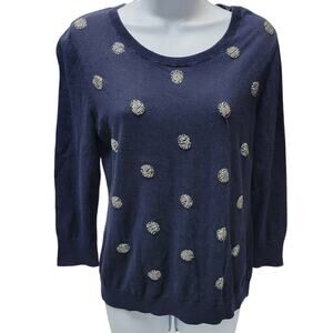 Talbots Womens M Sweater Blue Beaded White Scoop Neck Pullover Shirt Navy